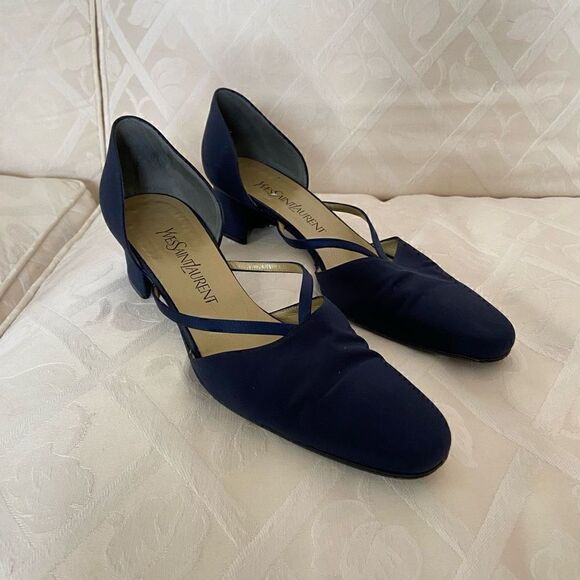 YSL Yves Saint Laurent 90s Blue Satin Block Heels - Picture 14 of 16